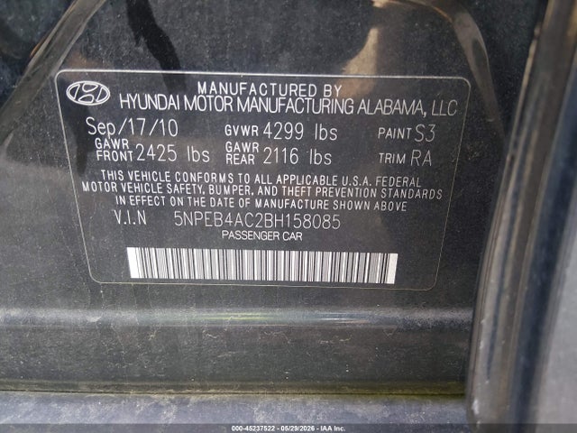 45237522 :رقم المزاد ، 5NPEB4AC2BH158085 vin ، 2011 Hyundai Sonata Gls مزاد بيع