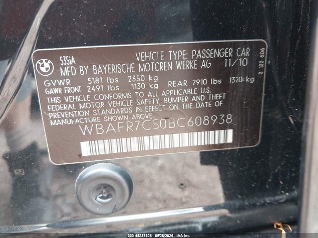 2011 Bmw 535i მანქანა იყიდება აუქციონზე, vin: WBAFR7C50BC608938, აუქციონის ნომერი: 45237526