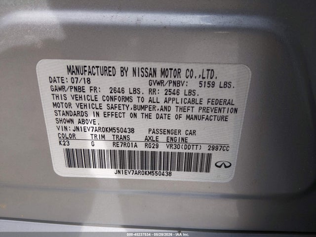 45237534 :رقم المزاد ، JN1EV7AR0KM550438 vin ، 2019 Infiniti Q50 3.0t Sport مزاد بيع