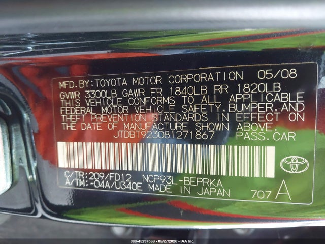 Aukcja sprzedaży 2008 Toyota Yaris, vin: JTDBT923081271867, numer aukcji: 45237568
