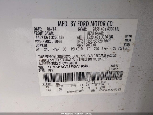 Ford EXPLORER SPORT 2015 1FM5K8GT3FGA19586 Image 9