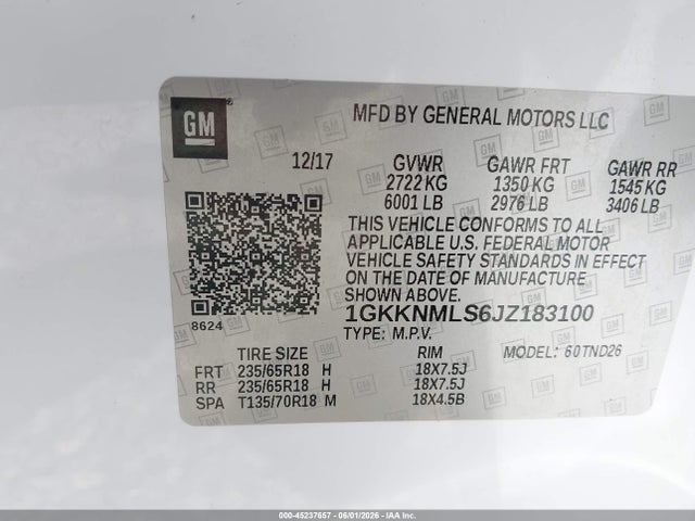 Продажа на аукционе авто 2018 Gmc Acadia Slt-1, vin: 1GKKNMLS6JZ183100, номер лота: 45237657