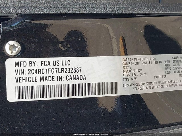 Продаж на аукціоні авто 2020 Chrysler Pacifica Touring, vin: 2C4RC1FG7LR232887, номер лоту: 45237663
