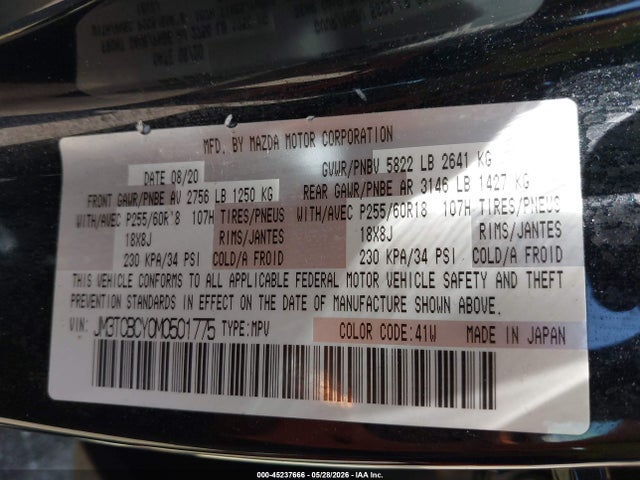 Продаж на аукціоні авто 2021 Mazda Cx-9 Touring, vin: JM3TCBCY0M0501775, номер лоту: 45237666