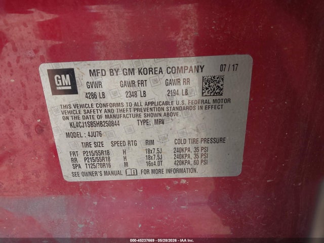 Aukcja sprzedaży 2017 Buick Encore Sport Touring, vin: KL4CJ1SB5HB250844, numer aukcji: 45237669