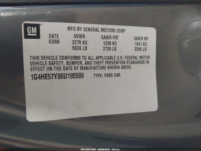 2006 Buick Lucerne Cxs მანქანა იყიდება აუქციონზე, vin: 1G4HE57Y06U195589, აუქციონის ნომერი: 45237680