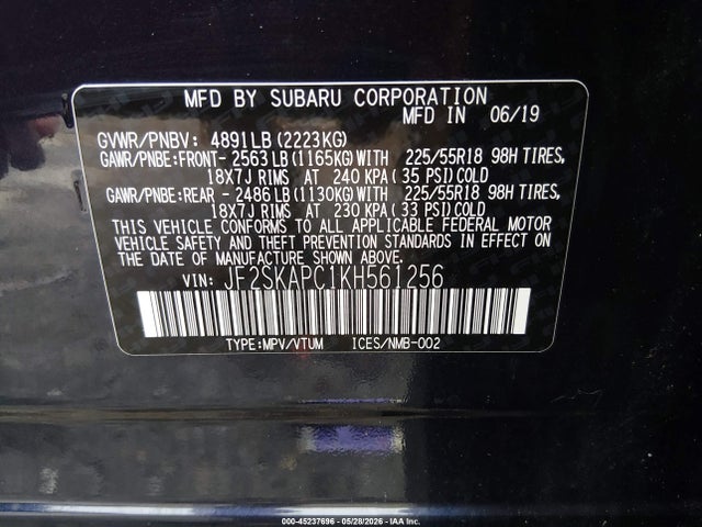 2019 Subaru Forester Sport მანქანა იყიდება აუქციონზე, vin: JF2SKAPC1KH561256, აუქციონის ნომერი: 45237696