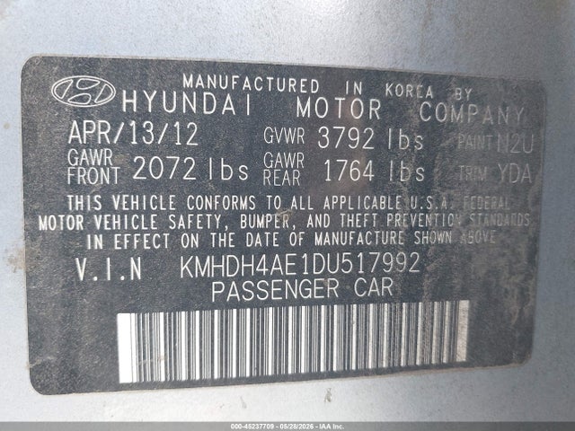 2013 Hyundai Elantra Limited მანქანა იყიდება აუქციონზე, vin: KMHDH4AE1DU517992, აუქციონის ნომერი: 45237709