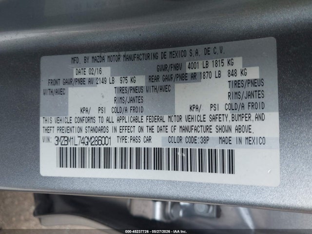 2016 Mazda Mazda3 I Touring მანქანა იყიდება აუქციონზე, vin: 3MZBM1L74GM286001, აუქციონის ნომერი: 45237726