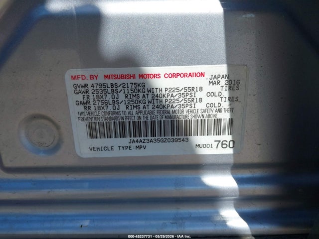 Продаж на аукціоні авто 2016 Mitsubishi Outlander Es, vin: JA4AZ3A35GZ039543, номер лоту: 45237731