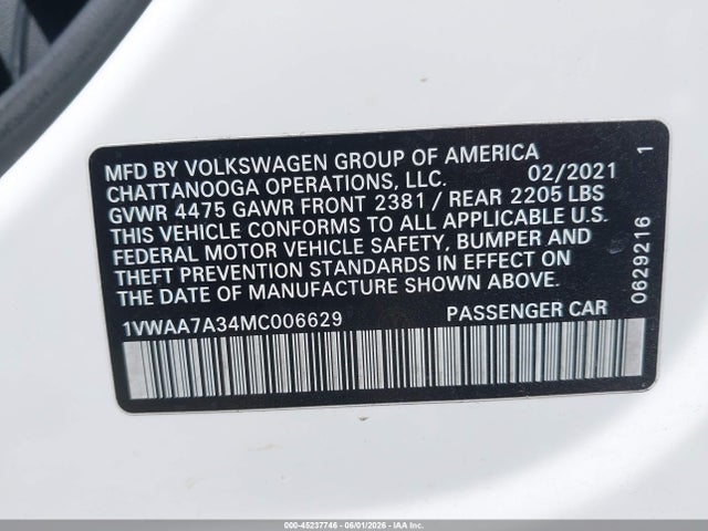 2021 Volkswagen Passat 2.0t S მანქანა იყიდება აუქციონზე, vin: 1VWAA7A34MC006629, აუქციონის ნომერი: 45237746