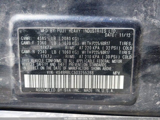 Aukcja sprzedaży 2013 Subaru Outback 2.5i Limited, vin: 4S4BRBLC5D3255288, numer aukcji: 45237756