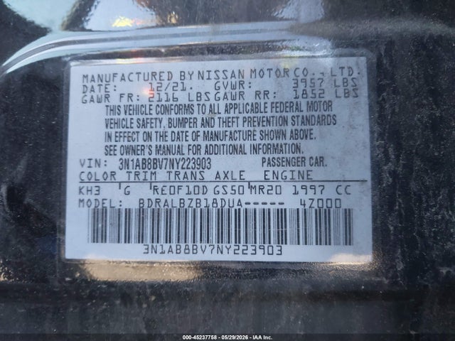 Aukcja sprzedaży 2022 Nissan Sentra S Xtronic Cvt, vin: 3N1AB8BV7NY223903, numer aukcji: 45237758