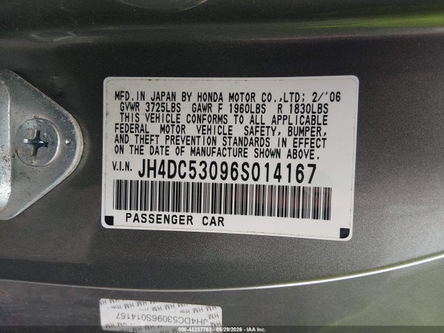 45237763 :رقم المزاد ، JH4DC53096S014167 vin ، 2006 Acura Rsx Type S مزاد بيع