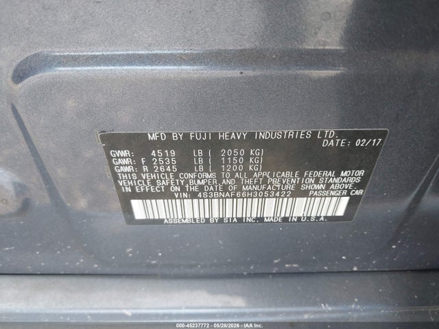 Aukcja sprzedaży 2017 Subaru Legacy 2.5i Premium, vin: 4S3BNAF66H3053422, numer aukcji: 45237772