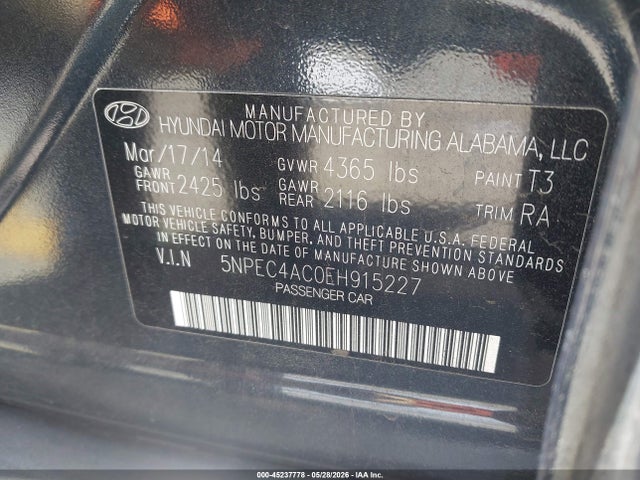 Продаж на аукціоні авто 2014 Hyundai Sonata Se, vin: 5NPEC4AC0EH915227, номер лоту: 45237778