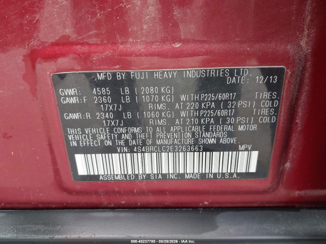 Subaru Outback 2.5i Limited 2014 4S4BRCLC2E3263663 Image 9