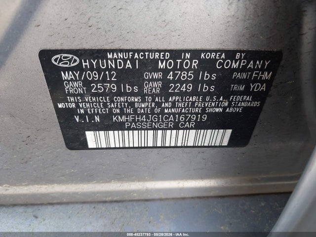 45237793 :رقم المزاد ، KMHFH4JG1CA167919 vin ، 2012 Hyundai Azera مزاد بيع