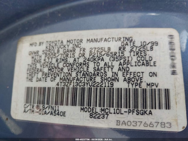 Продаж на аукціоні авто 2000 Toyota Sienna Le, vin: 4T3ZF13C3YU222119, номер лоту: 45237796