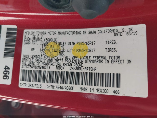 3TMCZ5AN1KM240149 Toyota Tacoma Trd Sport
