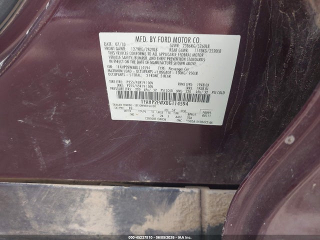 2011 Ford Taurus Sel მანქანა იყიდება აუქციონზე, vin: 1FAHP2EWXBG114594, აუქციონის ნომერი: 45237810