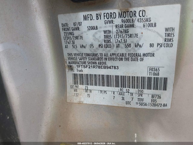 Aukcja sprzedaży 2008 Ford F-250, vin: 1FTSF21R78EB94783, numer aukcji: 45237812