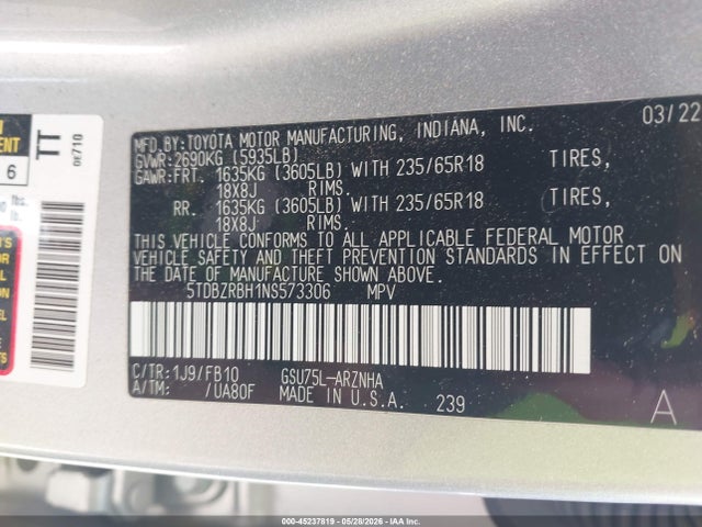 Toyota Highlander Le 2022 5TDBZRBH1NS573306 Image 9