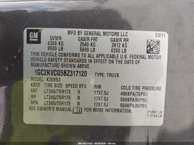 45237832 :رقم المزاد ، 1GC2KVCG5BZ317120 vin ، 2011 Chevrolet Silverado 2500hd Work Truck مزاد بيع