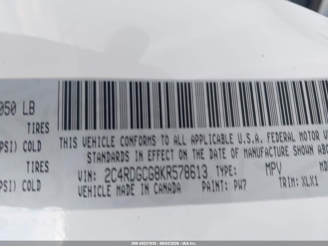 Продаж на аукціоні авто 2019 Dodge Grand Caravan Sxt, vin: 2C4RDGCG8KR578613, номер лоту: 45237835