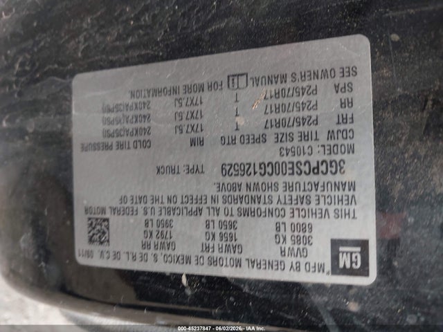 45237847 :رقم المزاد ، 3GCPCSE00CG126529 vin ، 2012 Chevrolet Silverado 1500 Lt مزاد بيع
