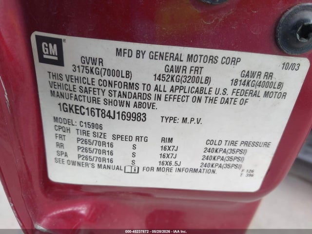 45237872 :رقم المزاد ، 1GKEC16T84J169983 vin ، 2004 Gmc Yukon Xl 1500 Slt مزاد بيع