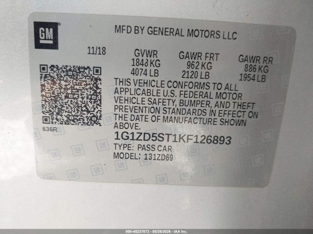 Auction sale of the 2019 Chevrolet Malibu Lt, vin: 1G1ZD5ST1KF126893, lot number: 45237873