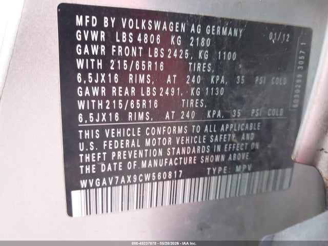 Aukcja sprzedaży 2012 Volkswagen Tiguan Le, vin: WVGAV7AX9CW560817, numer aukcji: 45237878