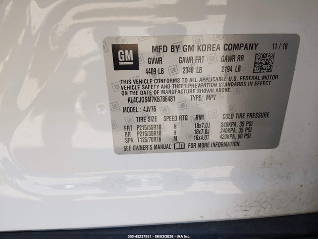 Aukcja sprzedaży 2019 Buick Encore Awd Essence, vin: KL4CJGSM7KB786481, numer aukcji: 45237881