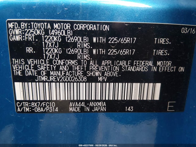 45237888 :رقم المزاد ، JTMRJREV2GD026308 vin ، 2016 Toyota Rav4 Hybrid Xle مزاد بيع