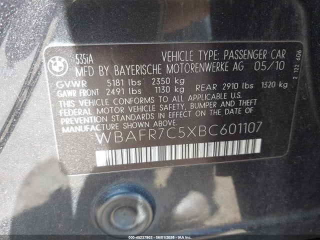 Aukcja sprzedaży 2011 Bmw 535i, vin: WBAFR7C5XBC601107, numer aukcji: 45237902