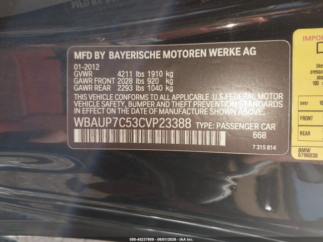 45237909 :رقم المزاد ، WBAUP7C53CVP23388 vin ، 2012 Bmw 128i مزاد بيع