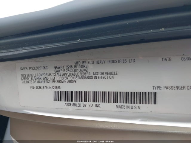 2005 Subaru Legacy 2.5gt Limited მანქანა იყიდება აუქციონზე, vin: 4S3BL676454229665, აუქციონის ნომერი: 45237914