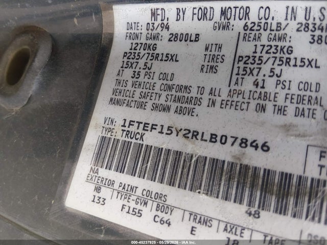 45237925 :رقم المزاد ، 1FTEF15Y2RLB07846 vin ، 1994 Ford F150 مزاد بيع