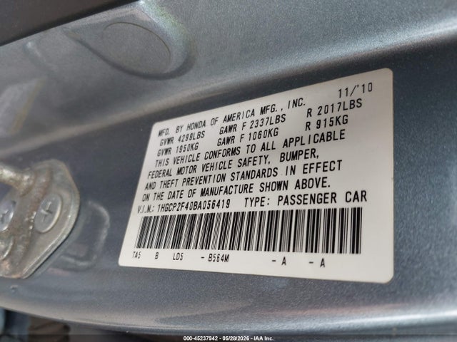 45237942 :رقم المزاد ، 1HGCP2F40BA056419 vin ، 2011 Honda Accord 2.4 Lx-p مزاد بيع