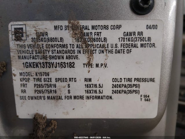 Aukcja sprzedaży 2000 Gmc Yukon Slt, vin: 1GKEK13T3YJ163182, numer aukcji: 45237945