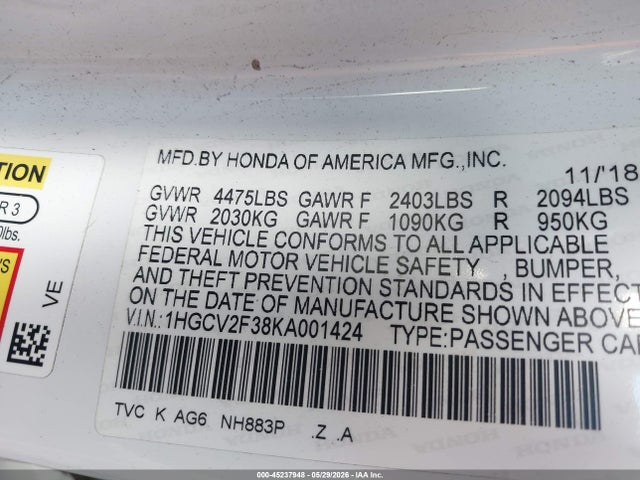 1HGCV2F38KA001424 Honda Accord Sport 2.0t