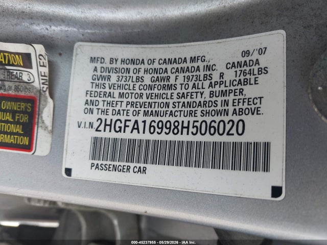2008 Honda Civic Ex-l მანქანა იყიდება აუქციონზე, vin: 2HGFA16998H506020, აუქციონის ნომერი: 45237955