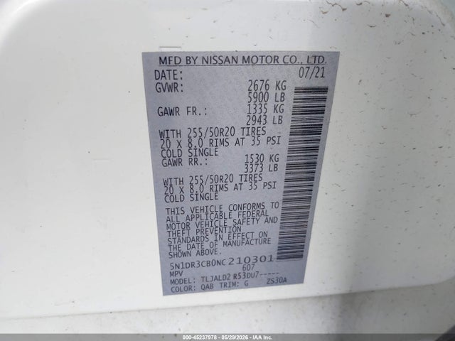 Продаж на аукціоні авто 2022 Nissan Pathfinder Sl 2wd, vin: 5N1DR3CB0NC210301, номер лоту: 45237978