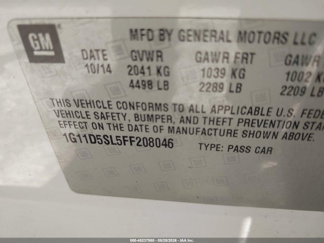 2015 Chevrolet Malibu 2lt მანქანა იყიდება აუქციონზე, vin: 1G11D5SL5FF208046, აუქციონის ნომერი: 45237980