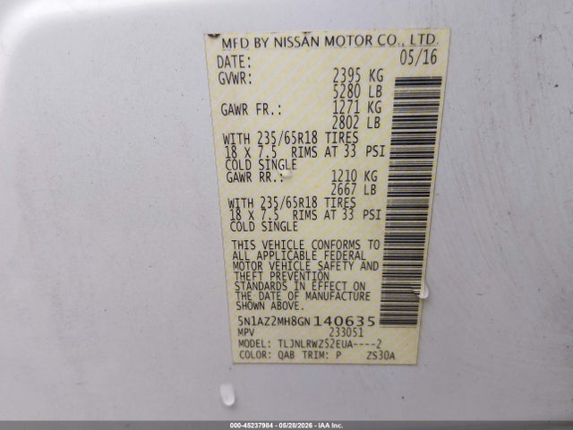 Nissan MURANO SL 2016 5N1AZ2MH8GN140635 Image 9