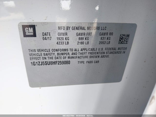 45237994 :رقم المزاد ، 1G1ZJ5SU8HF259080 vin ، 2017 Chevrolet Malibu Hybrid مزاد بيع