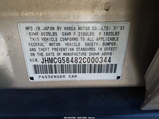 Продажа на аукционе авто 2002 Honda Accord 2.3 Lx, vin: JHMCG56482C000344, номер лота: 45237993