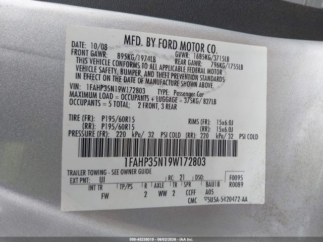 Продаж на аукціоні авто 2009 Ford Focus Se, vin: 1FAHP35N19W172803, номер лоту: 45238019