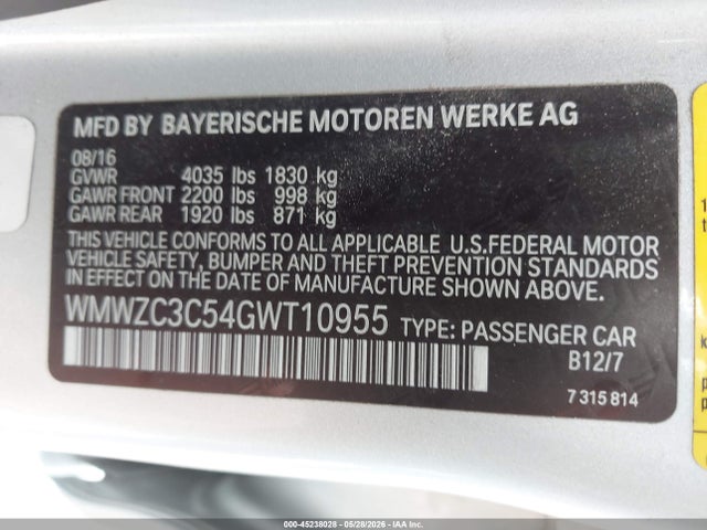 2016 Mini Countryman Cooper S მანქანა იყიდება აუქციონზე, vin: WMWZC3C54GWT10955, აუქციონის ნომერი: 45238028